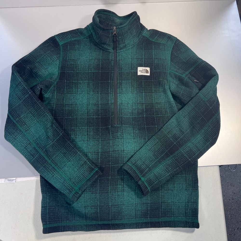 North Face Mens Green Black Plaid Quarter Zip Fleece Pullover Jacket Small coat